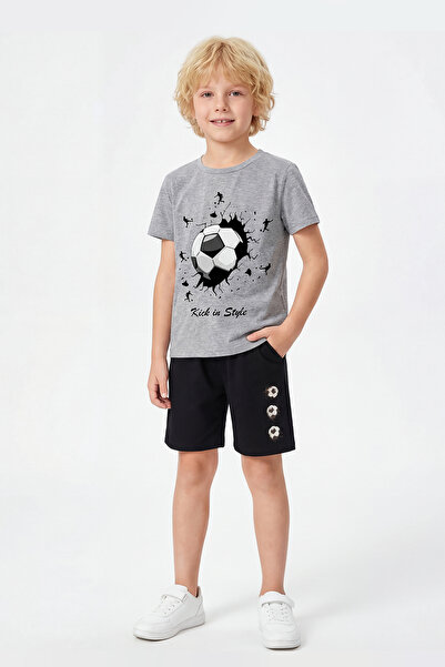YA KO KİDS Summer Football Print Detailed Capri Boys' Top and Bottom Set