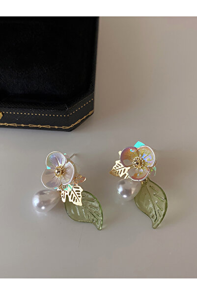 FridayIn Flower Pearl Drop Earrings Green Leaf Design for Elegant Daily & Par...