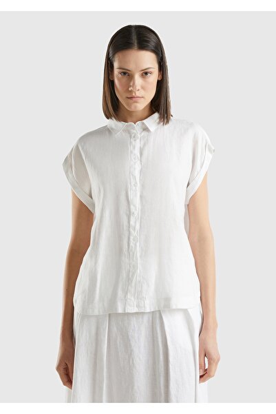 United Colors of Benetton Cămașă albă cu mânecă scurtă, 100% in, cu detaliu l...