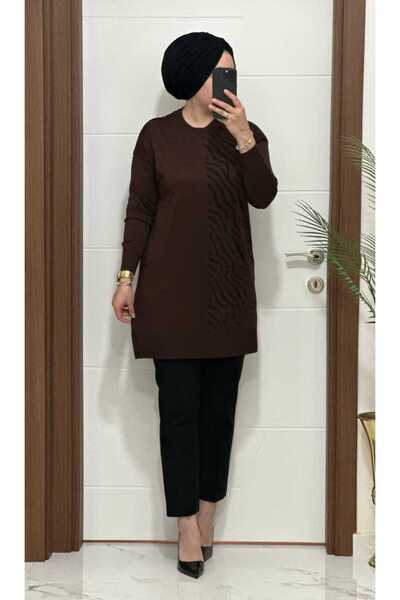 masalabiyem 5100 K 100 Brown Zebra Pattern Cold Yarn Tunic