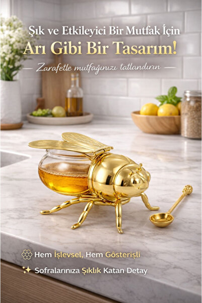 TUMU LIFE Arı Şeklinde Bal Kavanozu Kapaklı Ve Kaşıklı Bal Saklama Kabı Kaşık...