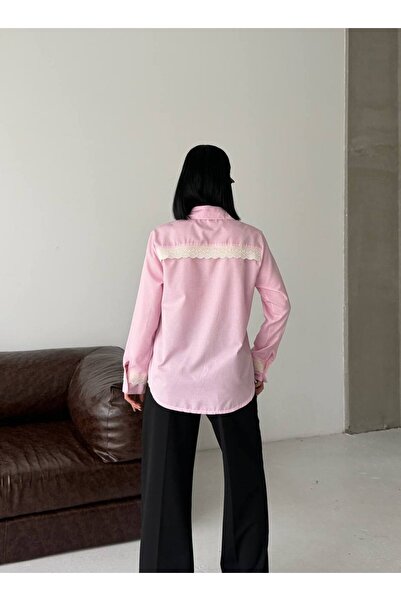 BE CHİC Women's Striped Sleeves and Back Lace Guipure Detailed Poplin Fabric ...