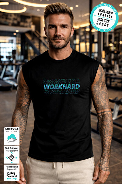 BESSA قميص رياضي أسود مطبوع عليه عبارة Work Hard برقبة دائرية من القطن السميك...