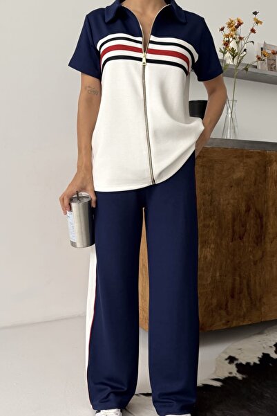 Ded COLLECTION Women's Stripe Detailed Zippered Collar Comfortable Fit Sporty...