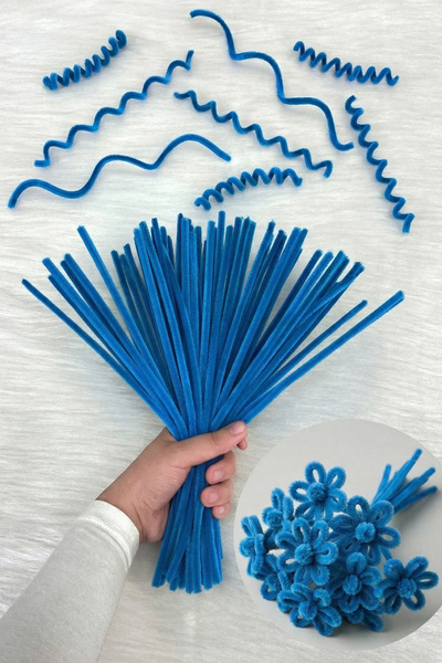 ZEYMERADE 100 Pieces School Blue Chenille 30cm, Fuzzy Plush Velvet Wire, Hand...