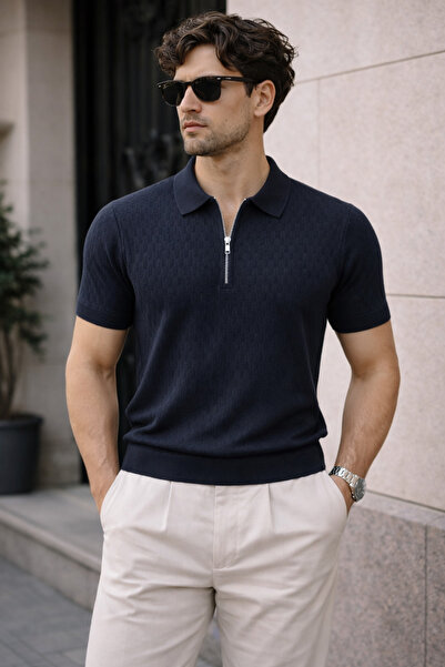 Tarz Cool Men's Zippered Polo Collar Knitwear T-Shirt Slim Fit Textured Summe...