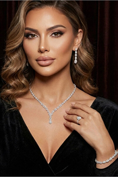 Happyline Set Kolye Su Yolu Takım Zirkon Taşlı Hediyelik Özel Tasarım Gümüş K...