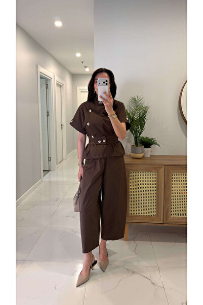 BİRCANÇİL Set pantaloni și vestă cu centură, cu guler înalt, maro, Dinno