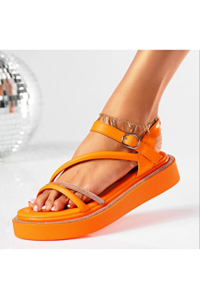 Zaira Sandale cu platforma dama portocalii din piele ecologica Gloria #19367 ...