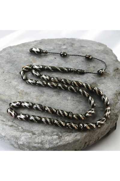 İnan Tesbih Natural Black Coral (Yüsür) Silver Inlaid Capsule Cut Special Pra...