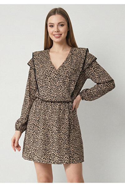 Little Visqon Γυναικείο φόρεμα με λεοπάρ σχέδιο, ελαστική μέση και κομψή λαιμ...