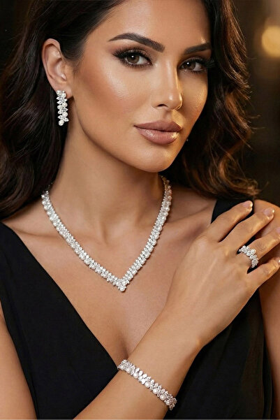 Happyline İncili V Model Set Kolye Takım Zirkon Taşlı Hediyelik TasarımGümüş ...