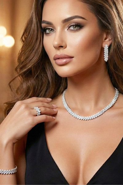 Happyline Set Kolye Oval Takım Zirkon Taşlı Hediyelik Özel Tasarım Gümüş Kapl...