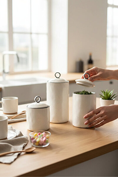 Karçiçeği Home 3-Piece Porcelain Jar Set - Ring Handle Lid - Sugar, Salt, Cof...