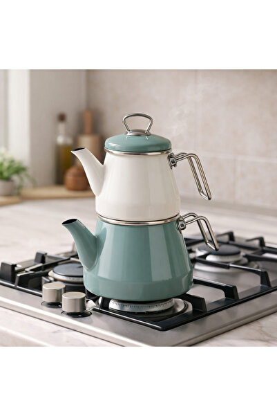 TRENDBULL Enamel Teapot Set: Top Pot 1 Liter, Bottom Pot 2 Liters