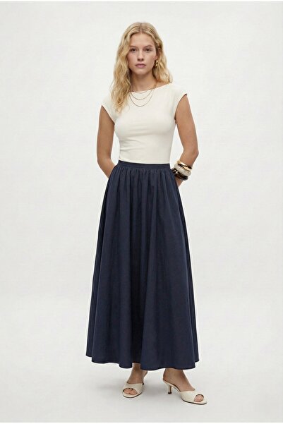 Ritnice Women's Emilia Lined Zippered Gathered Waist Navy Blue Woven Long Skirt