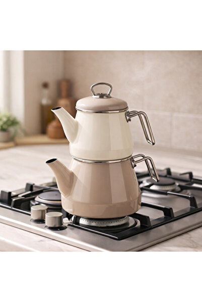 TRENDBULL Enamel Teapot Set: Top Pot 1 Liter, Bottom Pot 2 Liters
