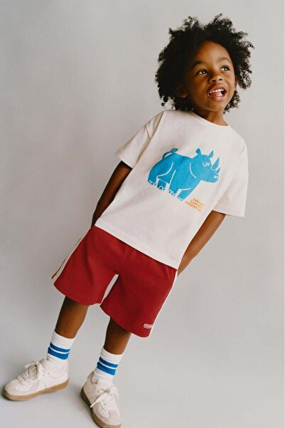 Magu Boys' Cotton White Rhino Print T-Shirt Red Shorts Set - Sports Summer Set