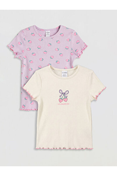 LC Waikiki Rmz Gi̇yi̇m Farkiyla Printed Girls' Ribbed T-Shirt 2-Pack