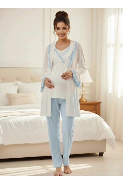 LOHOUSE Women's Blue Shawl Collar 3-Piece Maternity Pajama Set with Dressing ...
