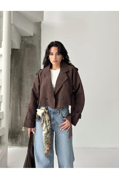 Markasız ucuz Şık ve Günlük Kısa Kahverengi Trençkot ile Modern Sti