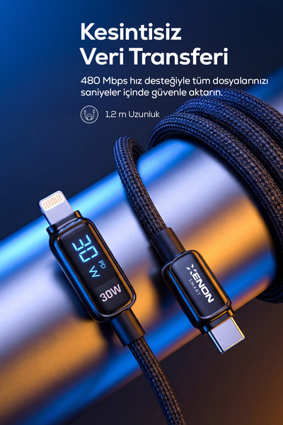Xenon Smart Type-C to Lightning iPhone Şarj Kablosu | 30W PD Hızlı Şarj, 1.2m, LED, Örgü, 480Mbps (X6426)