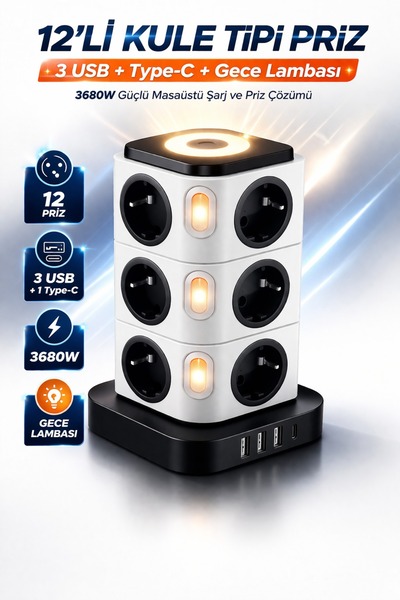 SMAYLİNG 12’li Kule Tipi Çoklu Priz 3 USB 1 Type-C Gece Lambalı 3680W Bağımsı...