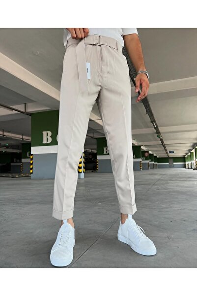 hello7 Erkek Bej Kemerli Kumaş Pantolon Slim Fit Bilek Boy