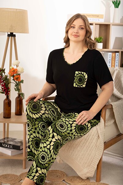 Miss Meryem Siyah Ring Viskon Kısa Kol Büyük Beden Pijama Takım