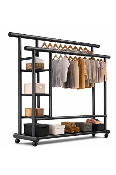Amir Suport dublu pentru haine cu rafturi și roți, design industrial negru, 1...