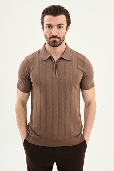 Mcr Patterned Slim Fit Polo Collar Zippered Men's Knitwear T-Shirt Milk Coffe...