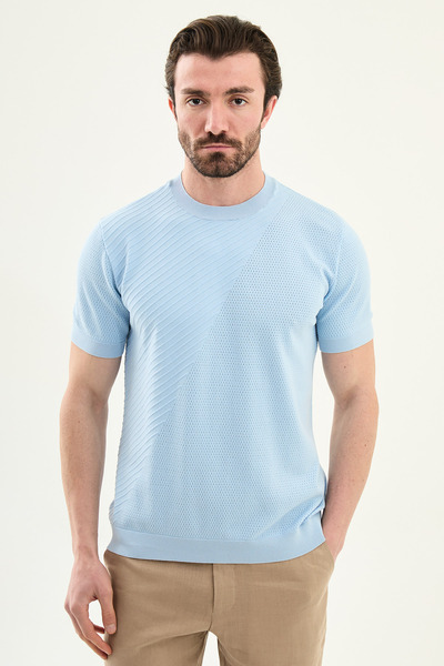 Mcr Pieced Slim Fit Crew Neck Men's Knitwear T-Shirt Blue - 11588.26Y