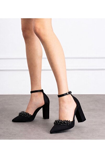 YARENAY Μαύρα σατέν παπούτσια με πέρλες και ψηλό χοντρό τακούνι