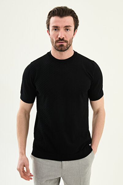 Mcr Pieced Slim Fit Crew Neck Men's Knitwear T-Shirt Black - 11588.26Y