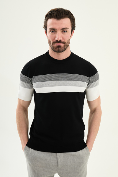 Mcr Striped Slim Fit Crew Neck Men's Knitwear T-Shirt Black - 11589.26Y