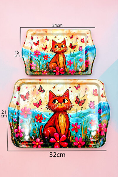 ayyagift Sanatsal Kedi Desenli Dekoratif Metal Tepsi | Modern Tasarım Çift Ta...