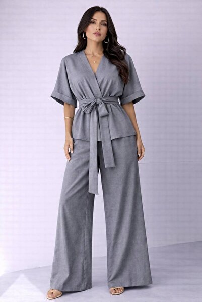 MEECY طقم سترة بدون أكمام مع ربطة خصر وبنطلون تينسل عالي الخصر