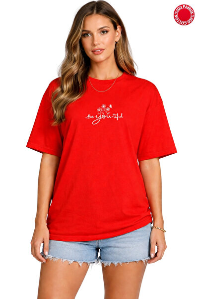 DUBU BUTİK Red Oversize T-Shirt Women's 100% Cotton Be You Tiful Printed Loos...