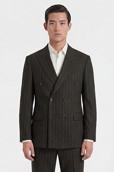 Giotelli Navy Blue Slim Fit Pointed Collar Striped Double Breasted Suit