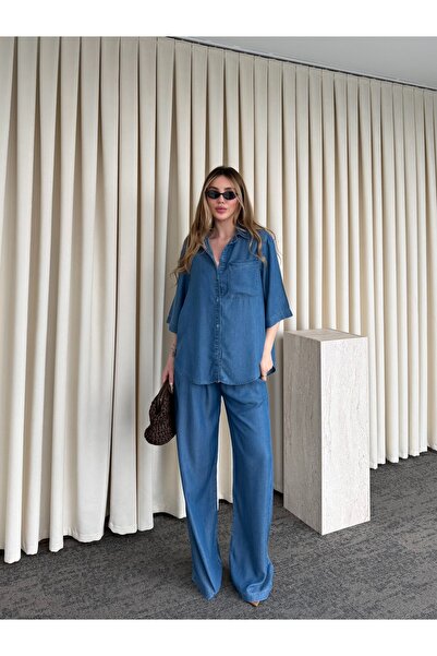 Laluvia Blue Tensel Fabric Shirt and Pants Set - 0926