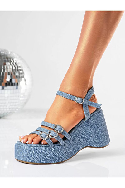 Zaira Sandale cu platforma dama albastre din material textil Natasa #19395 - 40