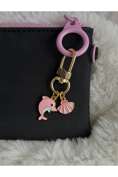 WhimsyWhite Minimal Keychain with Dolphin and Oyster Figures - Gold Bag Charm...