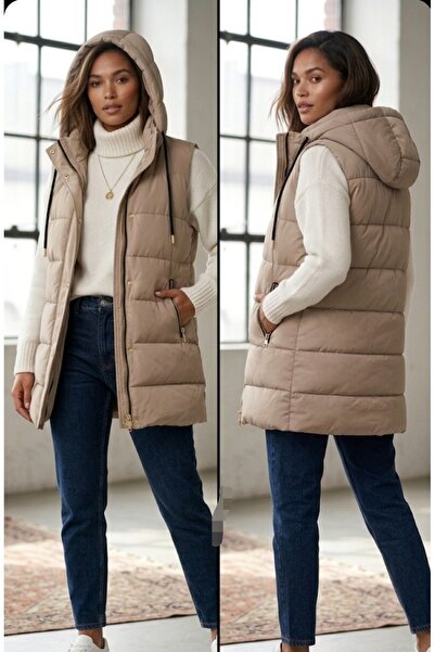 aytenli Vestă pufă cu glugă, elegantă, bej