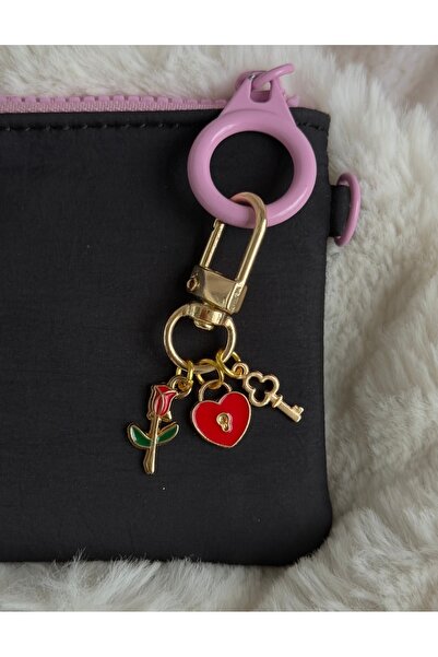 WhimsyWhite Minimal Keychain with Rose, Heart, and Key Figures - Designer Bag...