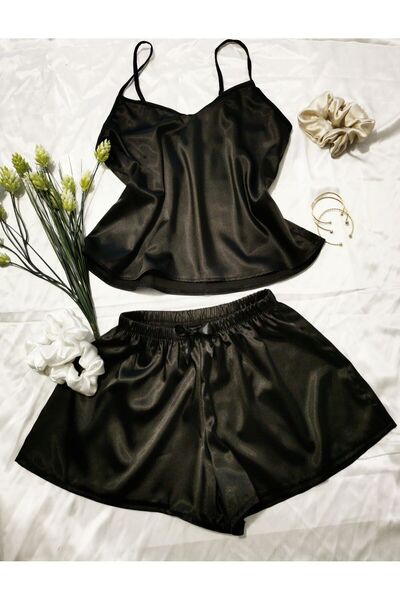 Sandrada SD Γυναικείο μαύρο σατέν σετ πιτζάμας - μπλούζα με λεπτές τιράντες κ...