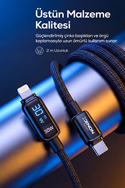 Xenon Smart Type-C to Lightning iPhone Şarj Kablosu | 30W PD Hızlı Şarj, 2m. LED,Örgü, 480Mbps (X6427)