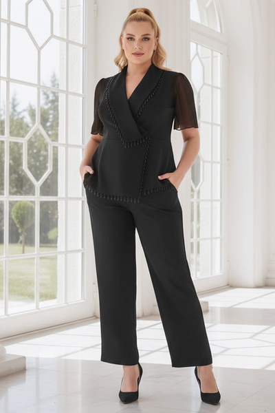 DENİMİNİ Krep Kumaş Taşlı Ceket Pantolon Kısa Kol Büyük Beden Abiye Takım DNM...