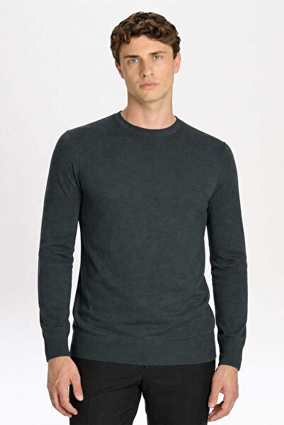 Sabri Özel Giotelli Standard Fit Green Melange Wool Blend Crew Neck Plain Pat...
