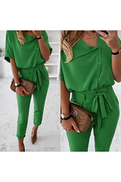 Modayakamoz Women's short sleeve button-down blouse and pants two-piece set