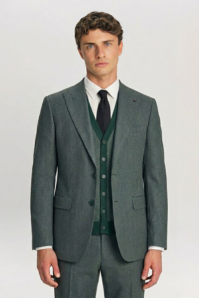 Sabri Özel Giotelli Green Knitwear Vest Pointed Collar 6 Drop Buttons Fully L...